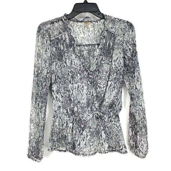 Guess Top Gray Snake Print Sheer Long Sleeve V Neck Ruffle - Picture 1 of 12